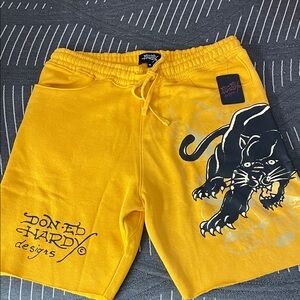 Ed Hardy Men's Shorts in Vibrant Yellow with Panther Graphic
